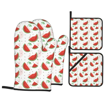 

Oven Mitts and Pot Holders 4 pcs Set Cute Watermelon Fujiman Heat Resistant Pot Holders Oven Mitts for kitchen Non-Slip Hanging Loop Oven Glove Potholders for Baking Cooking