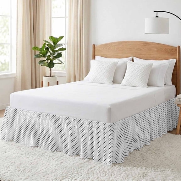 Tiny Polka Dots Bed Skirt Queen Size 16 Inch Drop, Black Mini round Spheres Graphic French Country Adjustable Elastic Dust Ruffles Bedskirt for Queen Bed Wrap Around Pleated Mattress Frame Cover