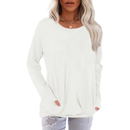 JuneFish Women Long Sleeve Shirts Casual Tops Dressy Blouses Loose Tunic with Pockets