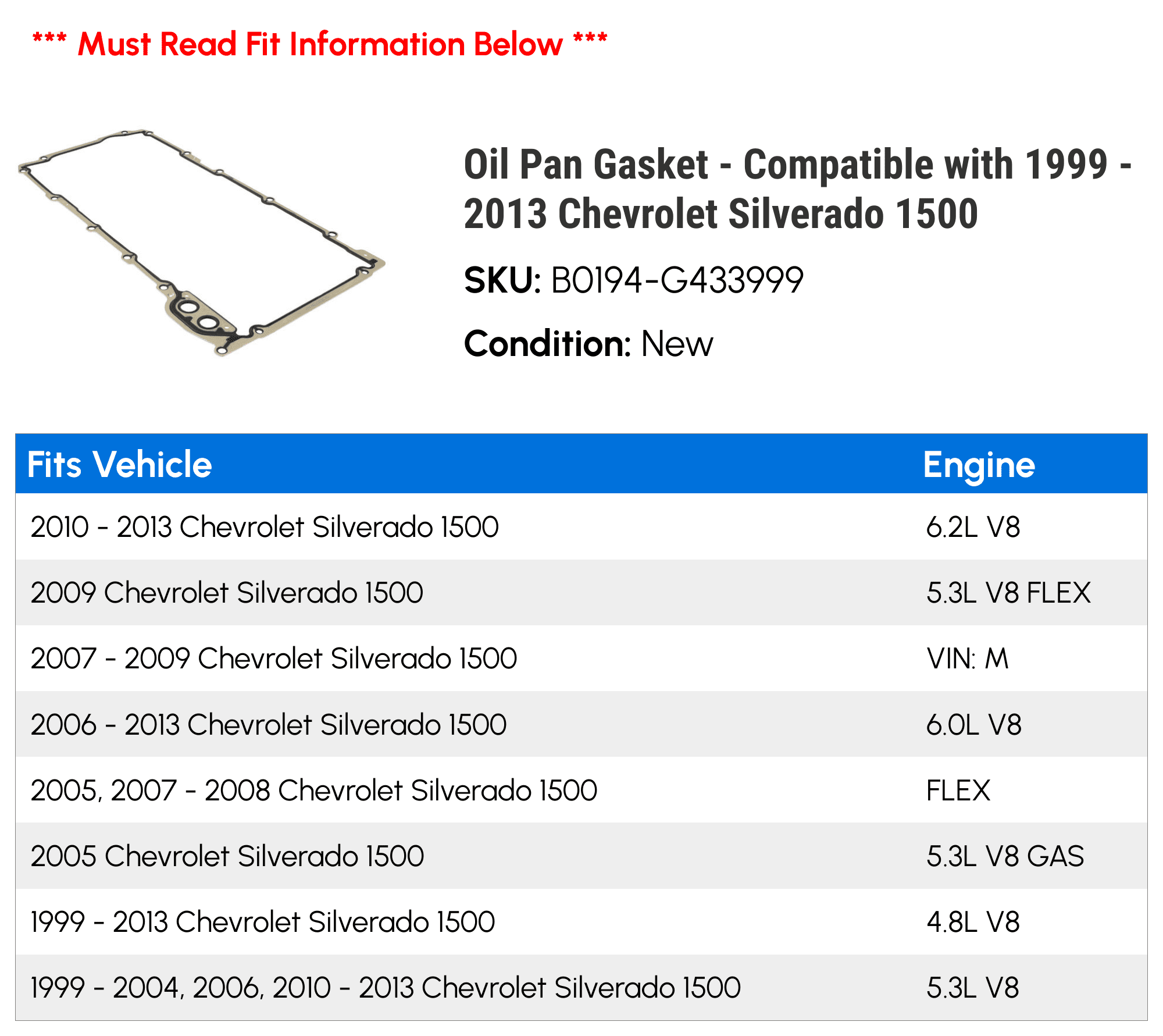 Oil Pan Gasket - Compatible with 1999 - 2013 Chevy Silverado 1500 2000 2001 2002 2003 2004 2005 2006 2007 2008 2009 2010 2011 2012