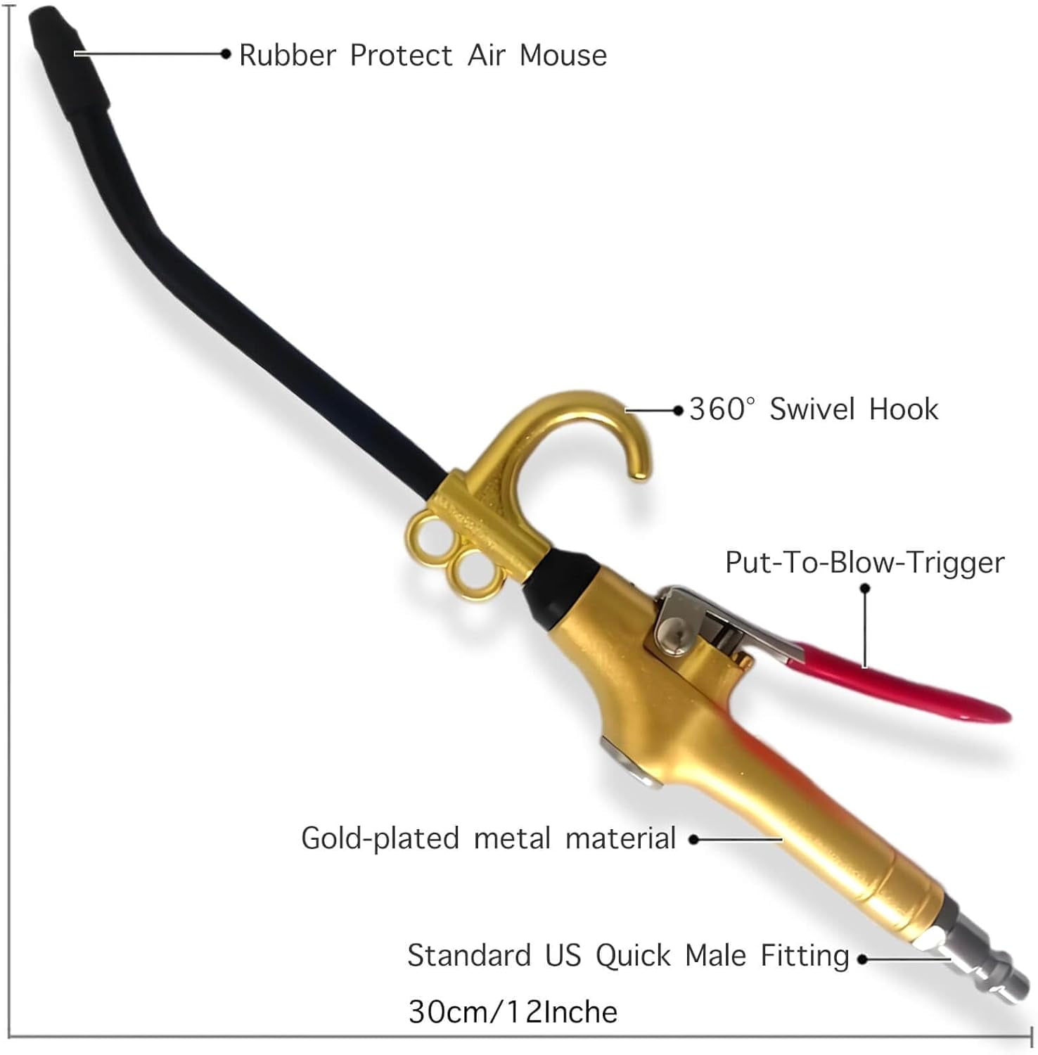 MKEUDQ-High Volume Air Blow Gun Alluminum Rubber Guard Air Flow Nozzle,Industrial Household Air Blower Gun,Pneumatic Air Compressor Accessories Dust Cleaning Tool, Gold-plated metal