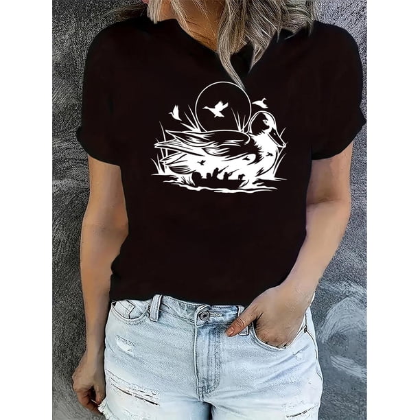 Women's Fashionable Abstract Duck Print T-Shirt - Casual Round Neck Short Sleeve, Comfortable Polyester Blend, Ideal for Summer, Duck T Shirt