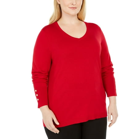 JM Collection Women'sCollection Plus Size Button-Cuff V-Neck Sweater Red Size 2 Extra Large