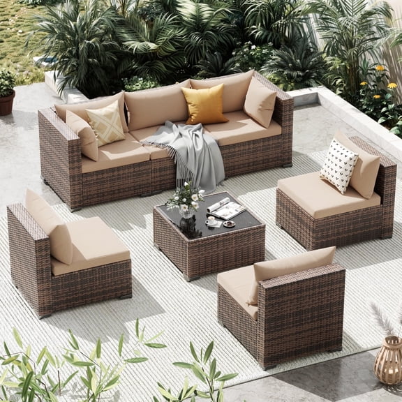 Techmilly Patio Furniture Sets, Modular Rattan Outdoor Patio Sectional Furniture Sofa Set, Wicker Patio Conversation Set for Backyard,7PCS