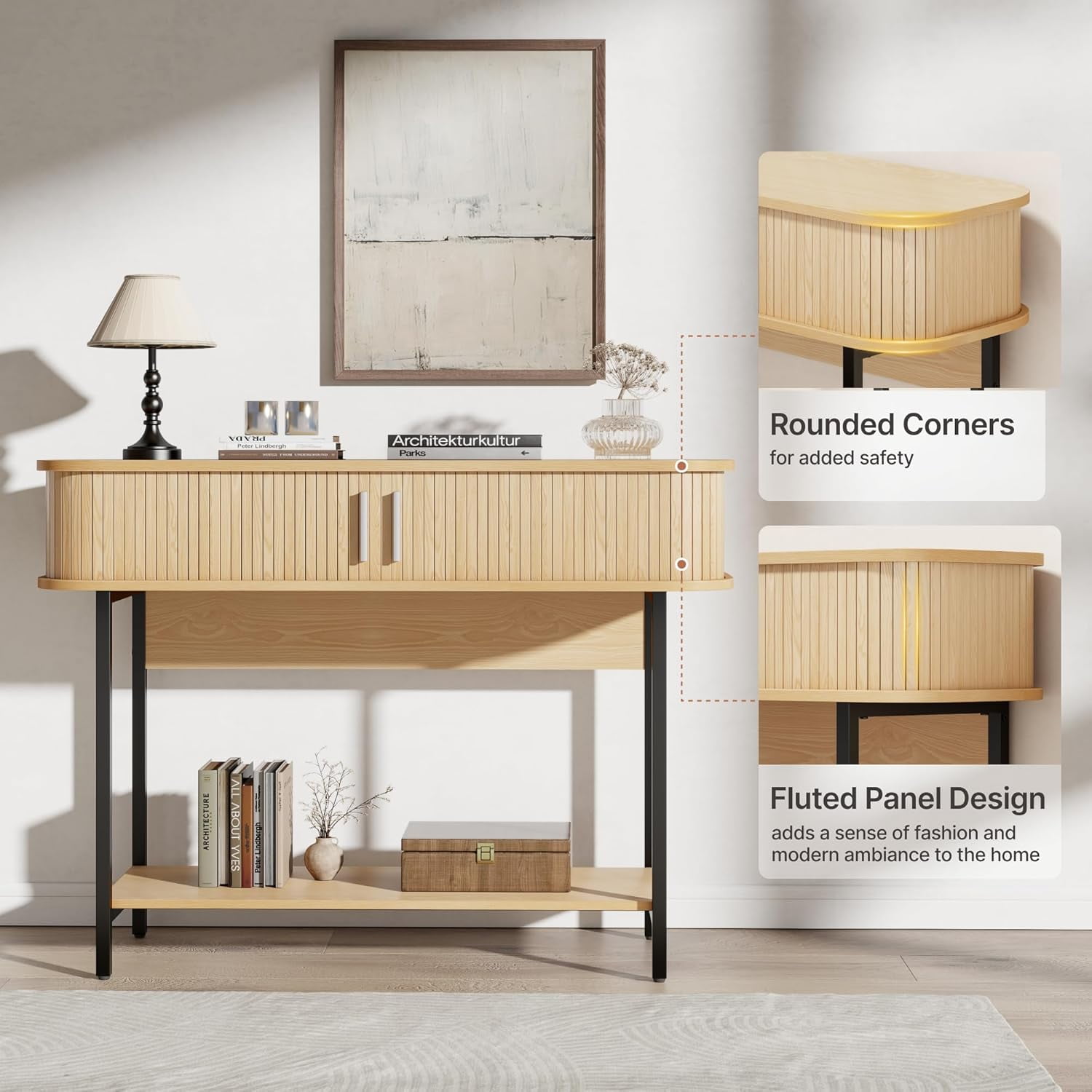 ECOTINY 40" Mid-Century Modern Entryway Table, Ultra Slim Fluted Console Table with Sliding Doors & Storage, Rounded Corner Wooden Sofa Table for Hallway & Living Room, Natural