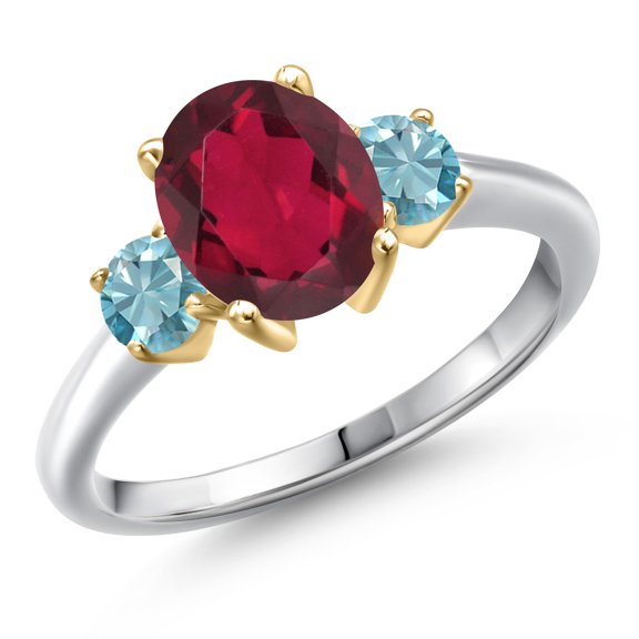 Gem Stone King 10K Two Tone Gold Ruby Red Mystic Quartz and Blue Zircon Engagement Ring for Women | 2.80 Cttw | Oval 9X7MM | Gemstone Birthstone | Size 6