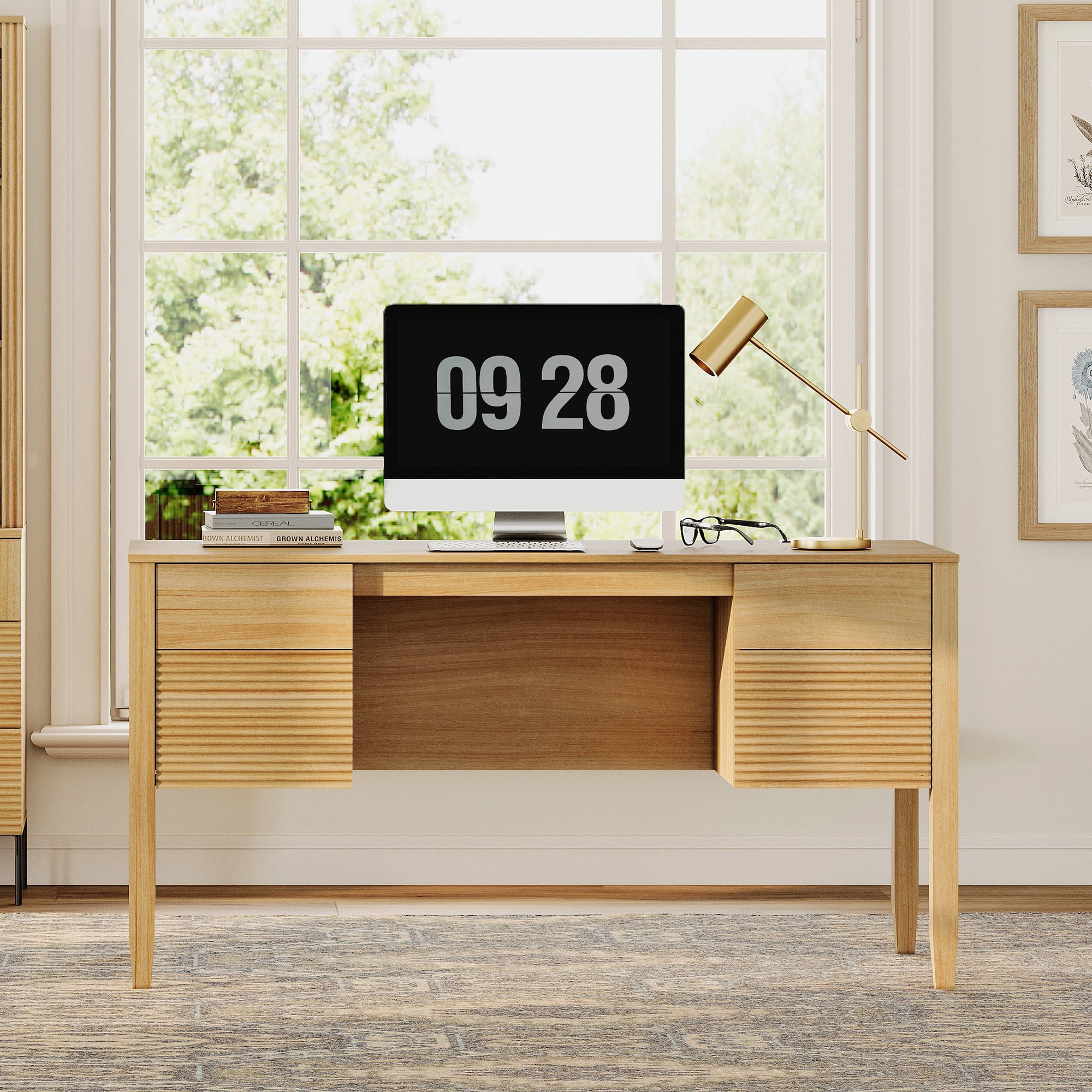 58Inch Fluted Executive Desk with Power Outlet and Doors, Modern Computer Writing Desks with Rear Storage Compartment Design, Home Office Desk with Drawers For Work And Study