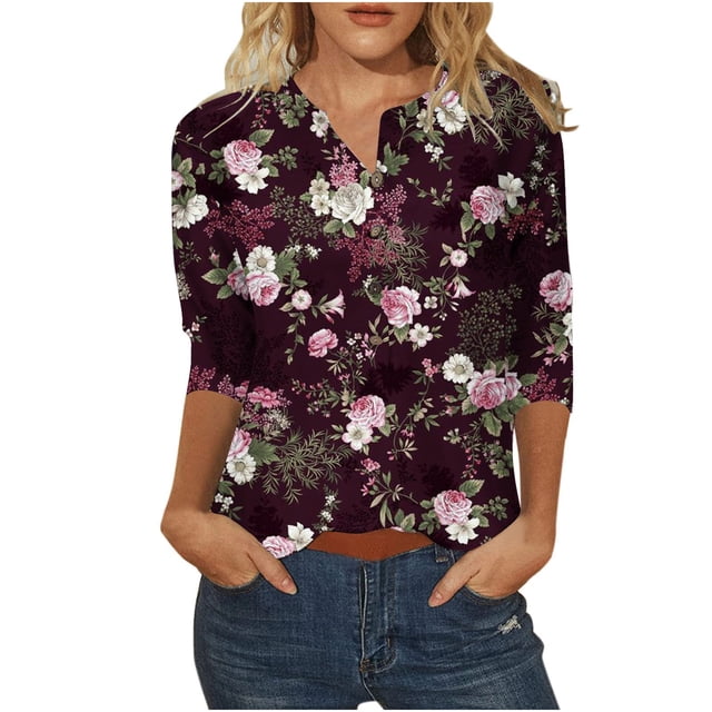 Pompotops Blouse Mode Femme Manches Trois-Quarts Col en V Rétro Imprimé de Pâques Ample