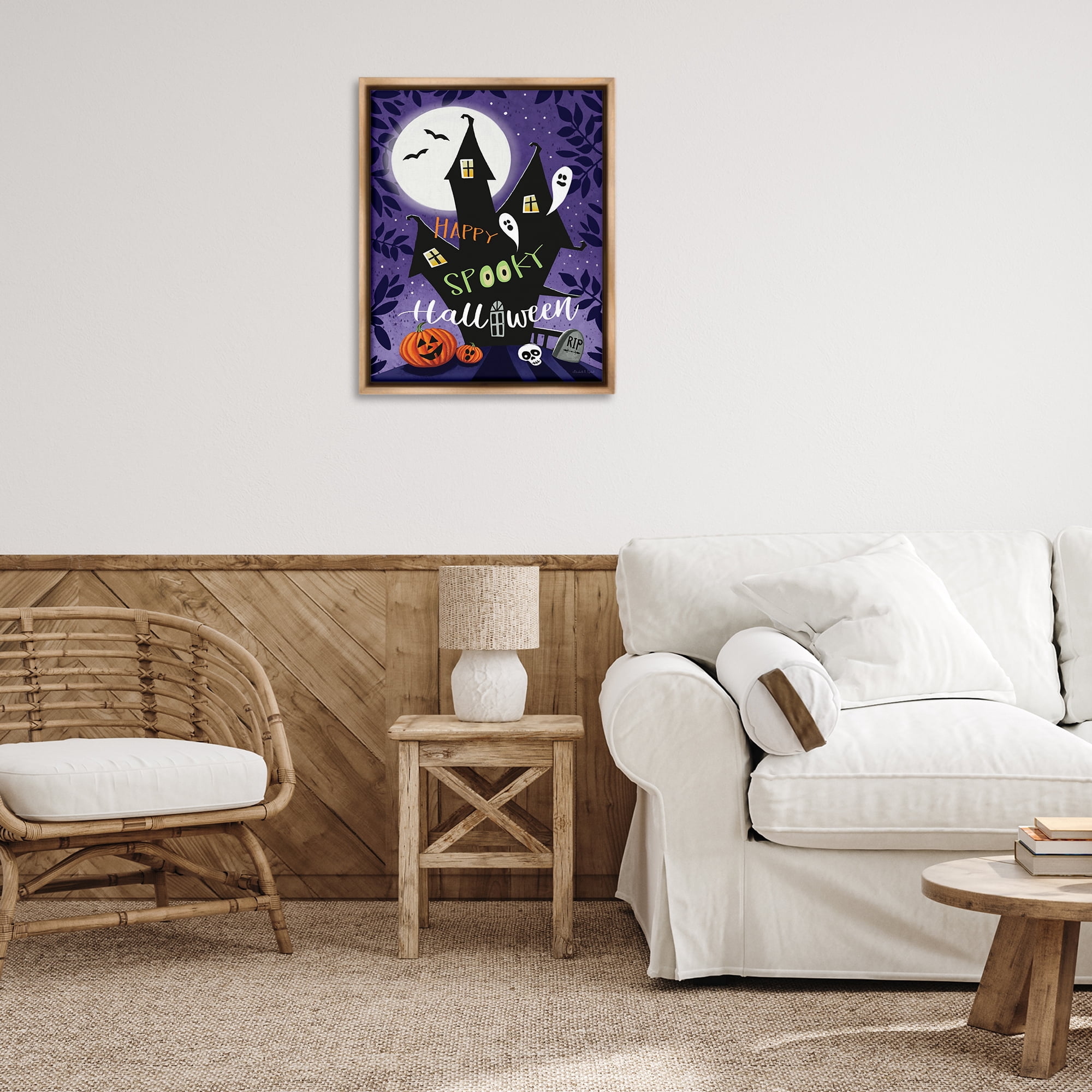 Stupell Industries Spooky Halloween House Holiday Painting Brown Floater Framed Canvas Art Print Wall Art, 25 x 31