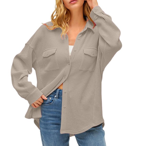Camisa con bolsillos de color liso para mujer: top de punto holgado de manga larga, poliéster, versátil para primavera/otoño, tallas US 4-12, EU 34-42