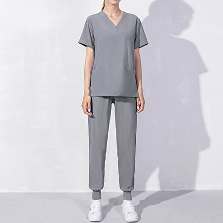 

Sksloeg Scrub Set Joggers V-Neck Pocket Top Uniforms Athletic Stretch Set Workwear Drawstring Pant Gray M