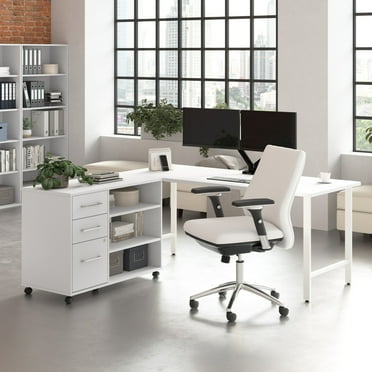 Bush Business Furniture Hustle 72W x 30D Computer Desk and Storage Cabinet with Drawers and Shelves in White