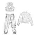 thumbnail image 4 of Alvivi 3Pcs Girls Hip Hop Clothes Set Performance Costumes Metallic Bomber Jacket Crop Top with Pants Set Silver 12, 4 of 5