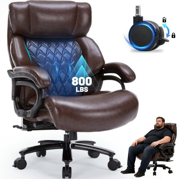 800LBS Large Heavy Duty Office Chair with Massage Footrest, Big and Tall Office Chair with Adjustable Lumbar Support, PU Leather Executive Chair with Extra Wide Seat