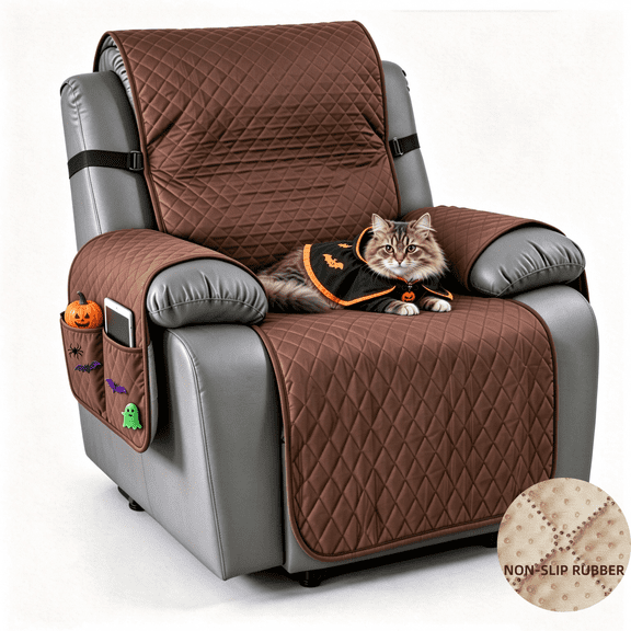 WYAJU Recliner Chair Cover, Anti-Slip Recliner Slipcover Washable Couch Cover Recliner Pet Furniture Protector with Side Pockets Elastic Straps for Kids Dogs Cats(23.6", Brown)