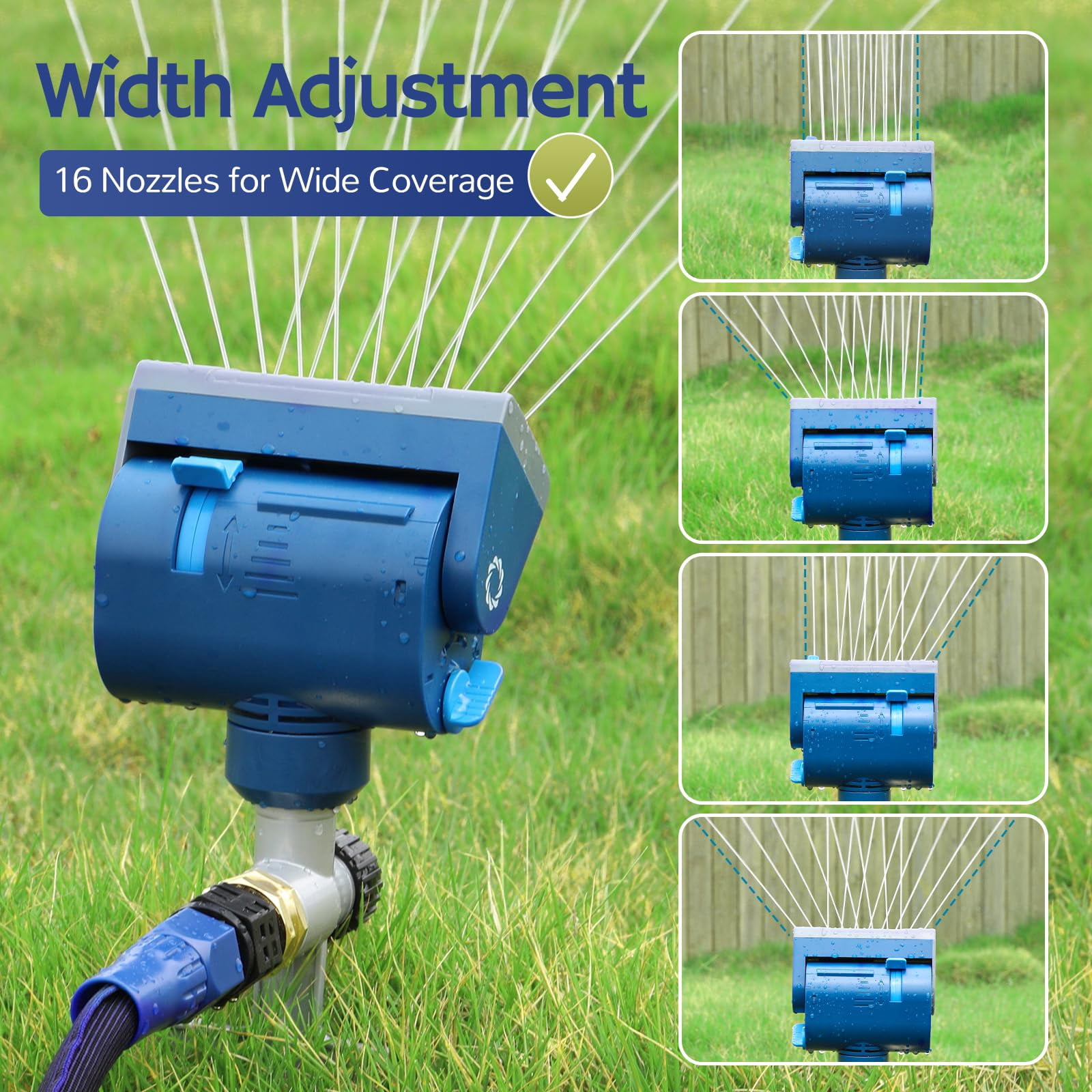 Oscillating Sprinkler With Metal Step Spike And Quick Connect Adapter Set  Control Watering Range Width Flow Rate Covers Up To 4 069 Sq.ft. Blue
