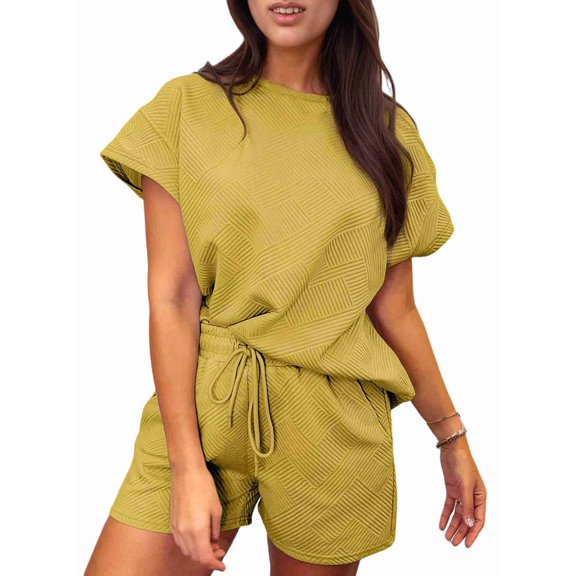 Women'S 2 Piece Solid Color Round Neck Casual Textured Fabric Short Sleeve Pajamas Sweatsuit Set Yellow L