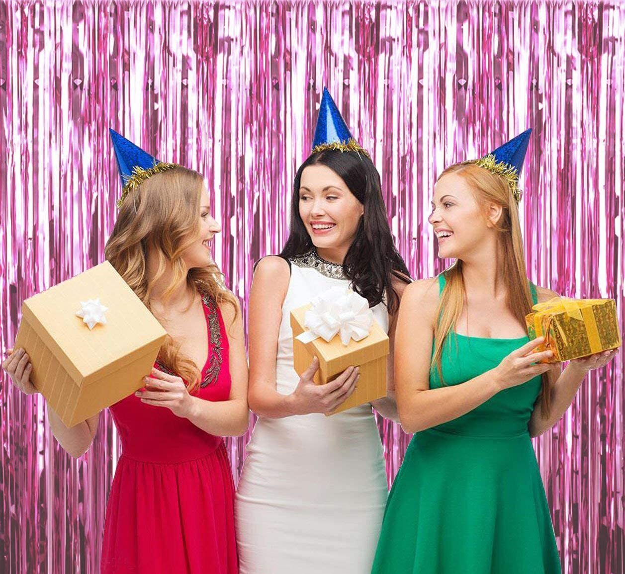 Wattne 3 Pack Metallic Tinsel Fringe Curtains Backdrop, Rose Pink photo 5