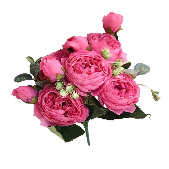 Ramo de flores 5 cabezas Capullos de rosas artificiales Boda decorativa Tela de seda de plástico Flor falsa, Rosa roja Vogacara HA6434-05B