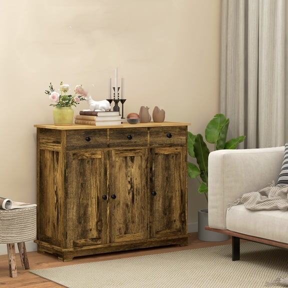 Xukmct Wood Kitchen Storage Cabinet with 3 Drawers and Shelf, 3 Doors Coffee Bar Cabinet Sideboard for Living Room, Dining Room, Brown
