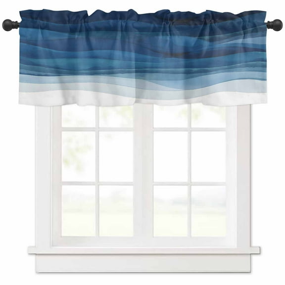 Navy Blue Ombre Valances for Windows Farmhouse Kitchen Curtains Valances Rod Pocket Valance Curtains for Kitchen Windows Modern Moire Gradient Watercolor Window Valances for Bathroom Bedroom 42"x18"