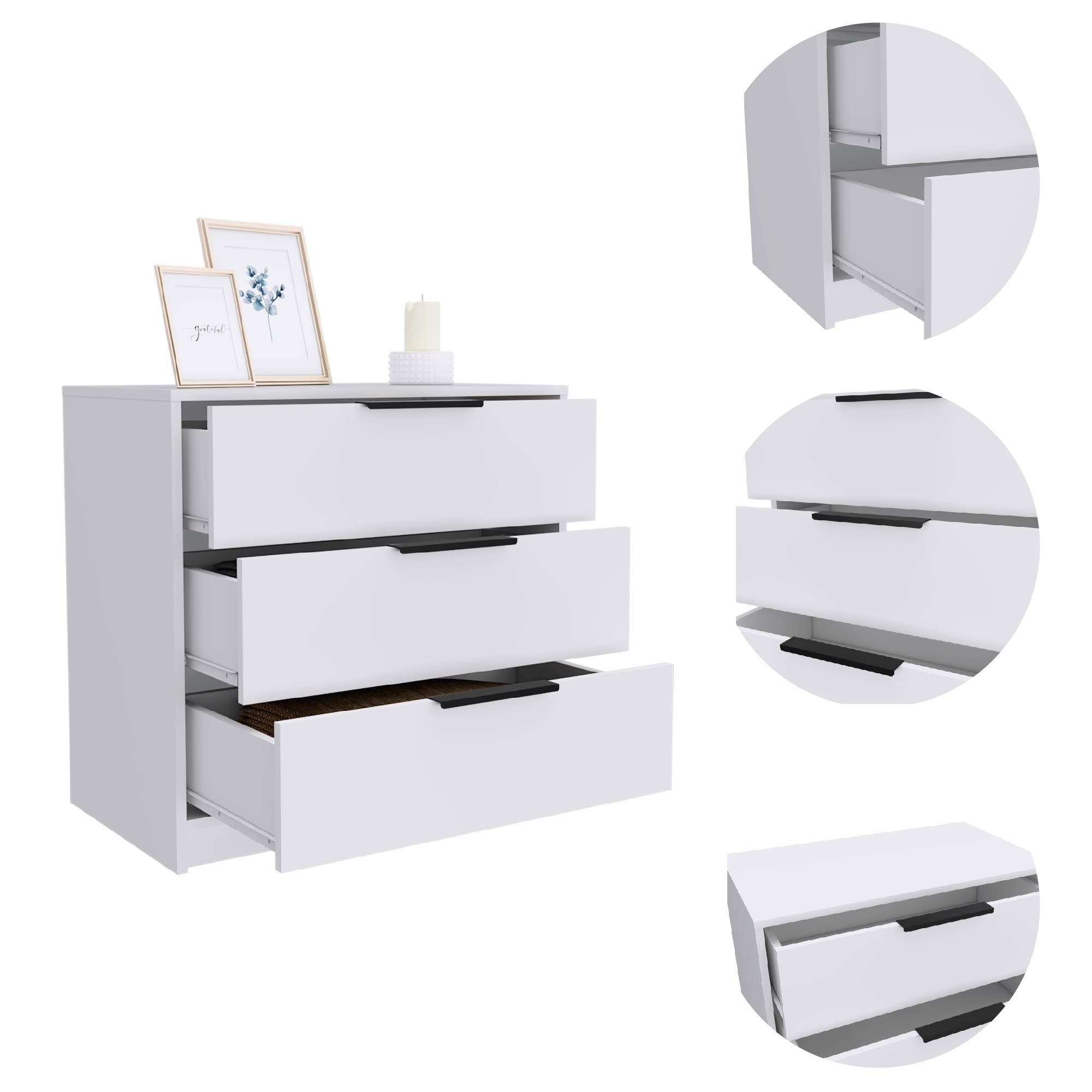 Boahaus Nelly Modern 3-Drawer Dresser, White, for Bedroom