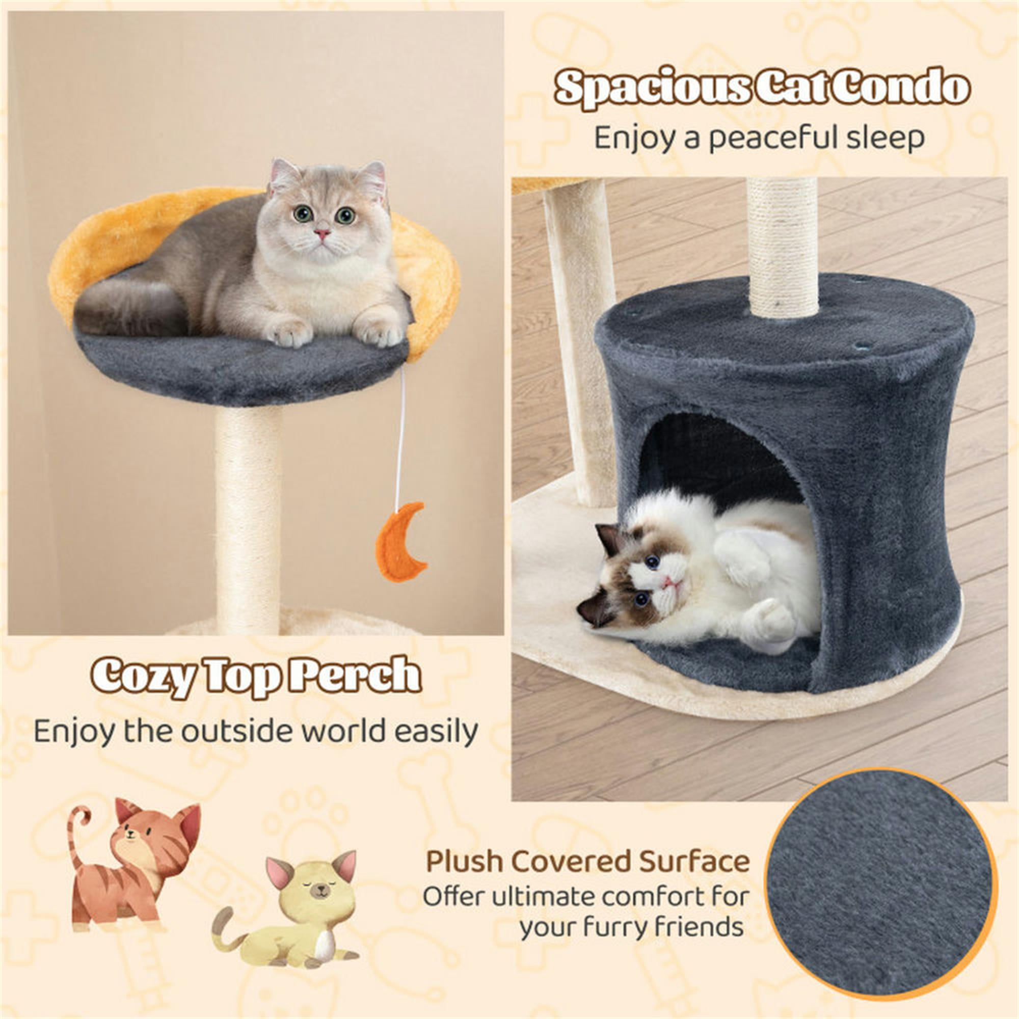 Kadyn 50" Cat Tree Tower for Indoors Cats, Cute Kitty Condo with Scratching Post and Pad, Multi-Level Activity Climbing Furniture for Medium Cats, Beige