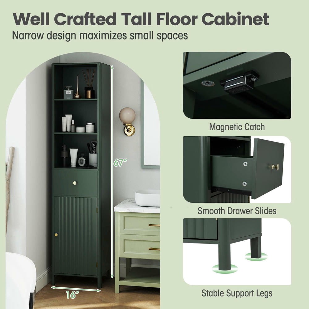 Kadyn 67 Inch Tall Bathroom Cabinet Narrow Slim Floor Cabinet with Fluted Door for Bathroom Vanity Toiletries Towels Organizer, Green