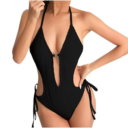 Virmaxy Women s Solid Color One-piece Tankini Swimsuit Without Steel Sexy Backless Strappy Camisole Swimsuit Waist Cinching Swimwear With Bra Padded for Pool Party Vacation Black-1 M