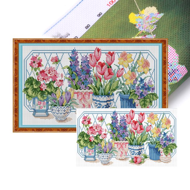 Hilo Algodón Egipcio Bordado Parcial Punto Cruz Con Flores 14CT 47x28cm