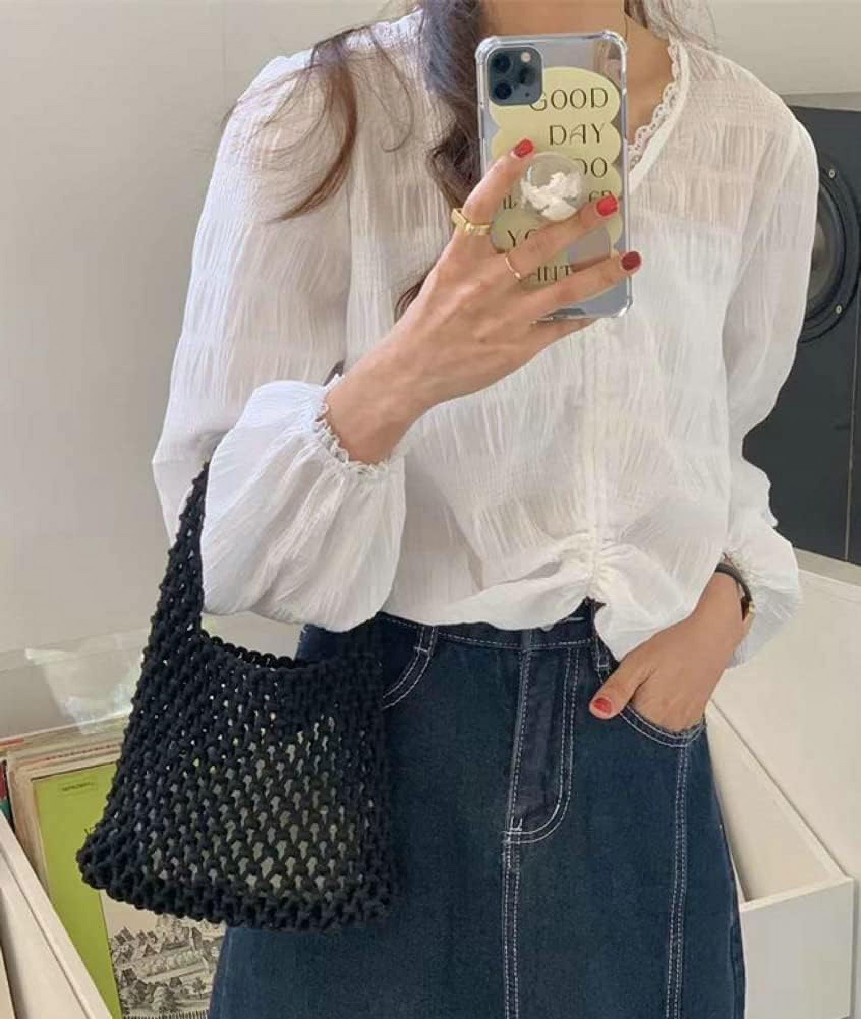 Kukuzhu Handwoven Hobo Bag for Women Bucket Bag Cotton Rope Crochet Totes Hollow String Handbags Summer Beach Purses