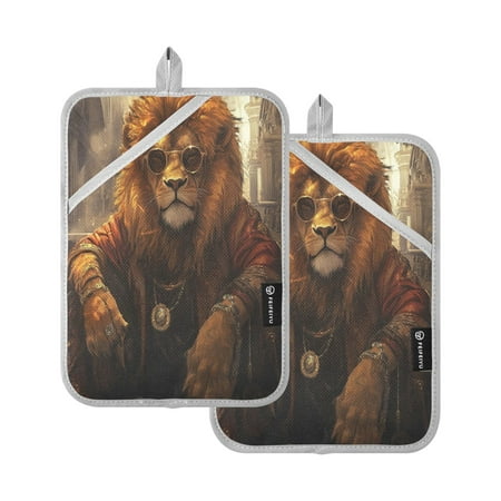 

WOBOGO Bossy Lion Illustration Oven Mitts 2 Piece Heat Resistant 338 Degrees F Square Insulation Pads for A Wide Range of Cooking Occasions
