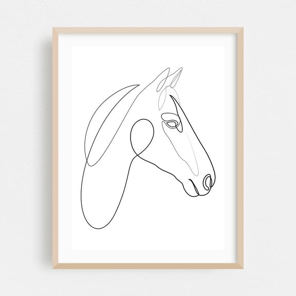 One line horse - H3 - Line Drawing Line Art Horse Minimalist Animal Black and White Sketch Modern Art Oak Framed Wall Art Print 30 x 40 inches