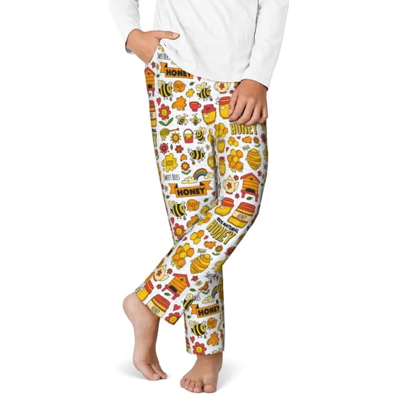 Gukieu Bees And Honey 1 Print Youth Home Trousers, Elastic Waistband with Pockets for Home and Outing, Suitable for Children Aged 5-16-XS(5-6)