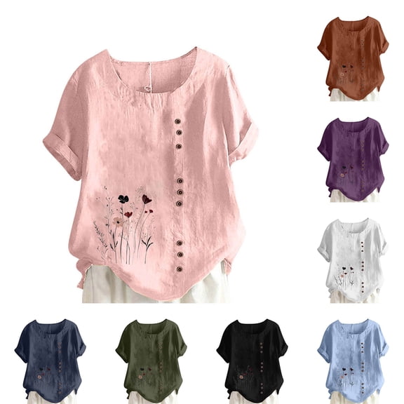 GERsome Women's Plus Size T Shirts Short Sleeve Crew Neck Floral Tops Summer Loose Fit Button Up Tee Shirts, Sizes S-5XL