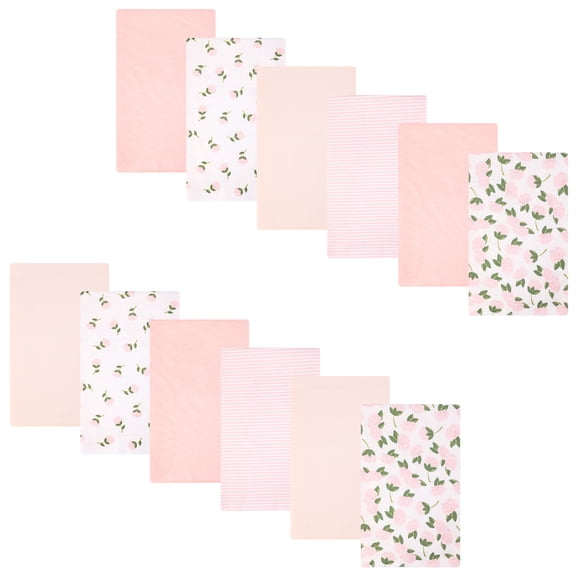 Hudson Baby Girl Cotton Polyester Flannel Burp Cloths Bundle, Pink Peony, One Size