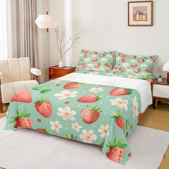 Manfei Country Floral Twin Sheet Sets,Cute Strawberries Twin Fitted Sheet,Kawaii Daisy Flat Sheet For Girls,Luxury Bedroom Decor,3pcs