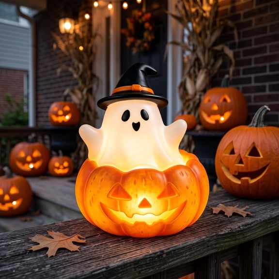 Halloween Resin Ghost Pumpkin Figurine, LED Warm Light Decor with Witch Hat Inside Jack-O-Lantern for Tabletop, Porch Party Ornament, Holiday Displays, and Gifts