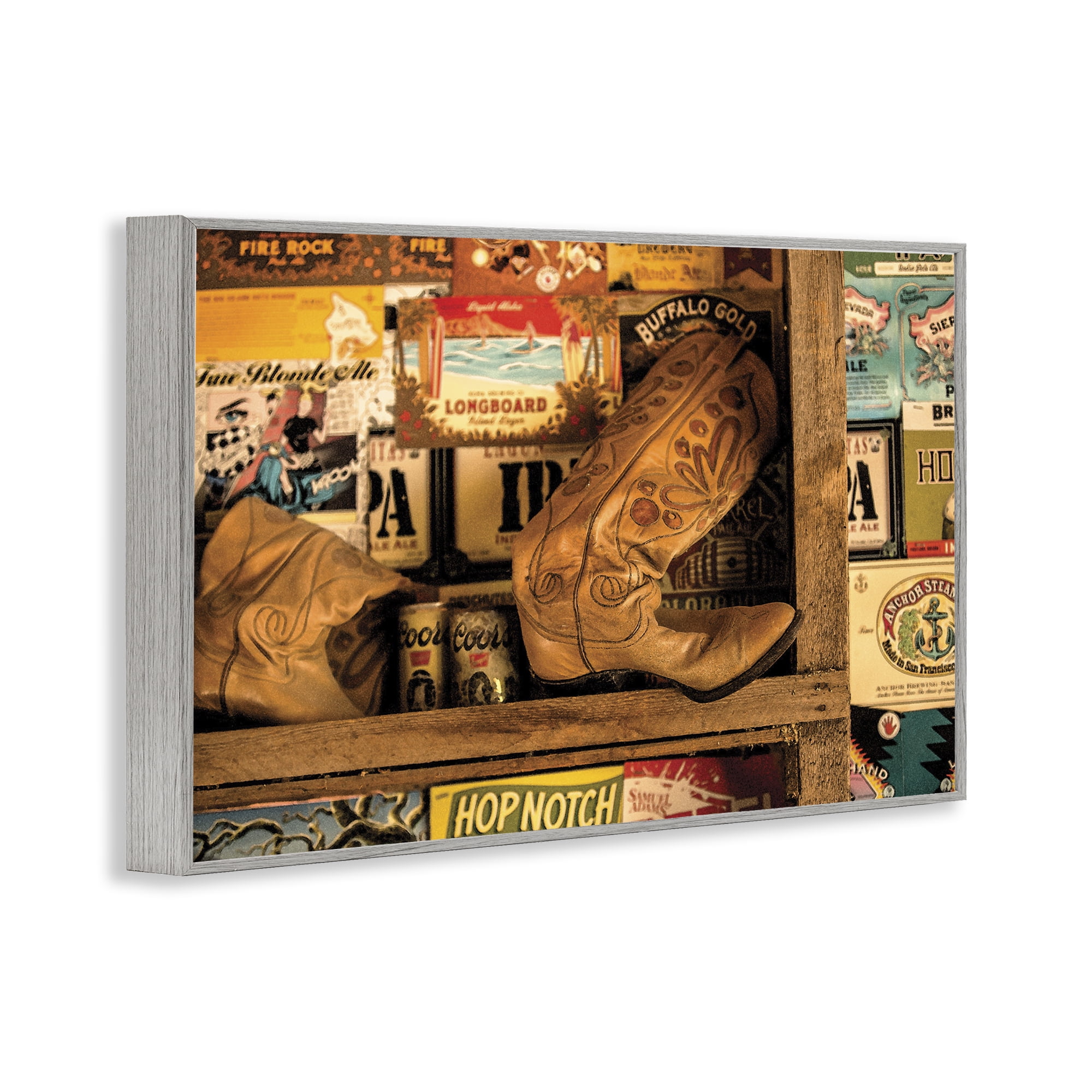 Stupell Industries Western Boots on Shelf Beauty & Fashion Painting Gray Framed Art Print Wall Art, 30 x 20