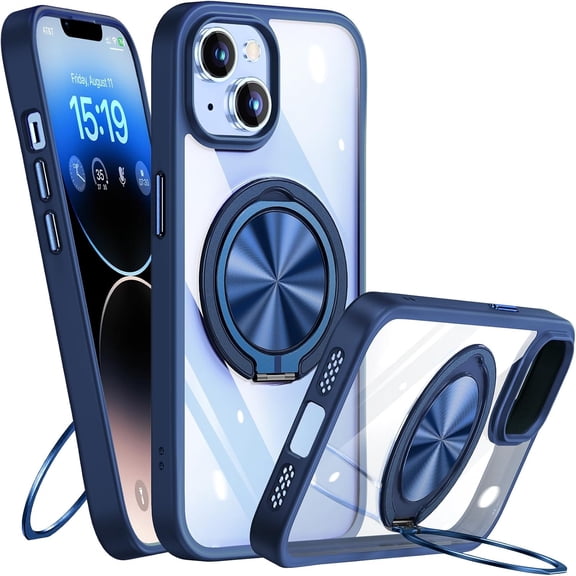 360° Rotatable Ring & 180° Foldable Stand for iPhone 14 Case Clear, Compatible with MagSafe, Non-Yellowing, Military Drop Protection, Magnetic Phone Cover for Women Men, Blue