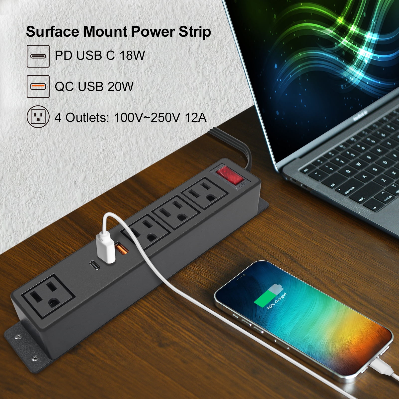 Wall Mount Power Strip USB C Fast Charge 20W 4 AC Outlets and 3 USB Ports