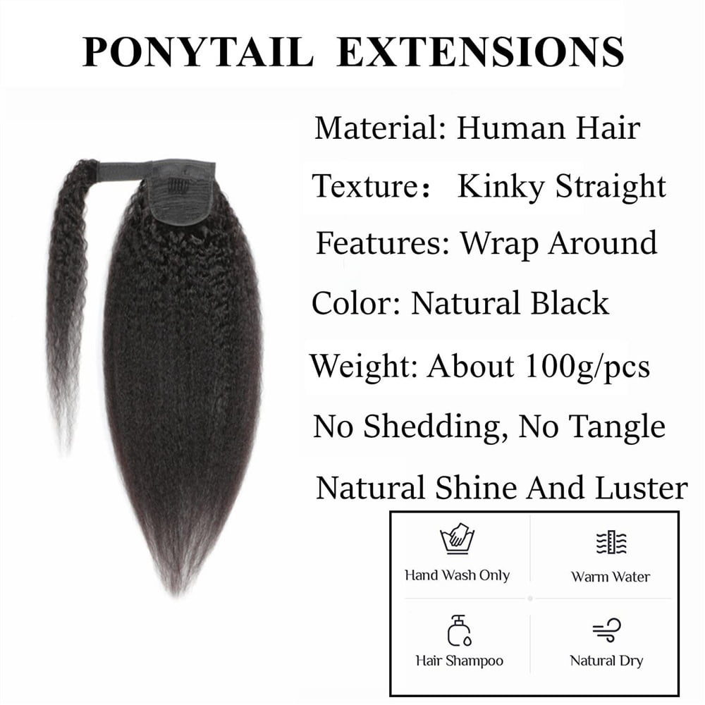 12"-26" Long Yaki Straight Ponytail Wrap Around Ponytail Hairpiece Clip in Brazilian Remy Hair Kinky Straight Ponytail Hair Extension for Black Women