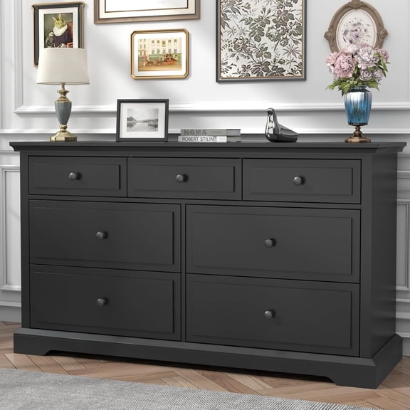 7-Drawer Black Double Dresser Chest for Bedroom, Large Storage Dressers Organizer, Long Dresser TV Stand, Vintage Solid Tall Closet Dressers with Storage