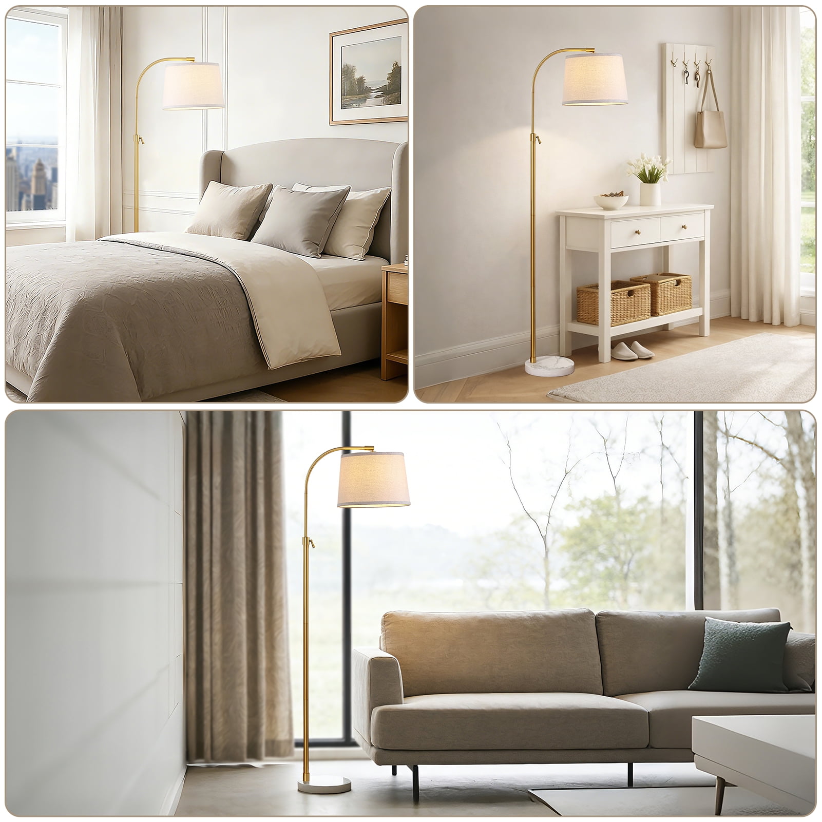 RORIA Modern Gold Floor Lamps,54-64”Height Adjustable Curved Standing Lamp,With a Linen Shade, Perfect for Bedrooms, Living Rooms, and Offices