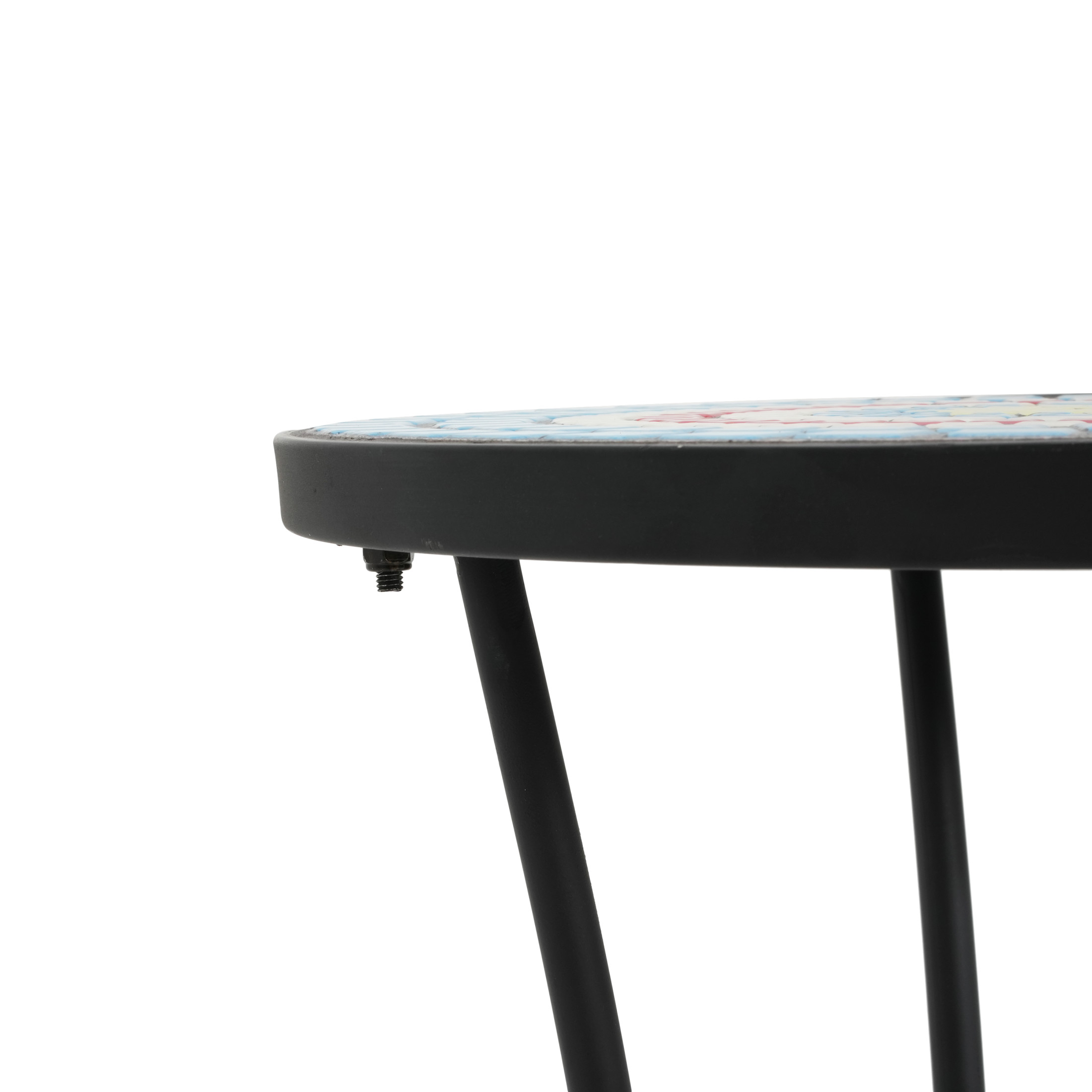 Trulisa Outdoor Patio Round Side Table with Shelf, Ceramic Tile, Iron, Black + Colorful