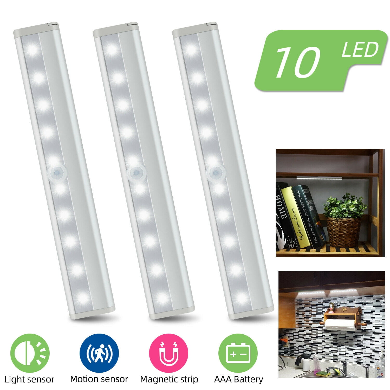 5PCS Magnetic Strip Wireless Motion Sensor Movement Detection Night Light Portable & Rechargeable 4 Pack for Stairs Kitchen Wardrobe Closet Cabinets Cupboard Motion Activated 10 LED Light 