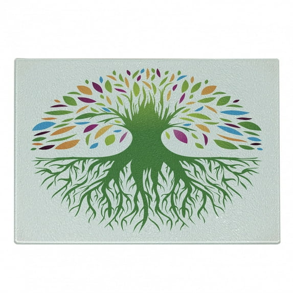 Tree of Life Cutting Board, Colorful Round Abstract Tree Life and Soul Eco Nature Design Image, Decorative Tempered Glass Cutting and Serving Board, Small Size, Multicolor, by Ambesonne