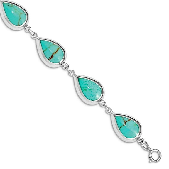 925 Sterling Silver Spring-Ring Polished Teardrop Simulated Turquoise Bracelet 7.75 Inch 9.3mm Wide Link Bracelet for Wo