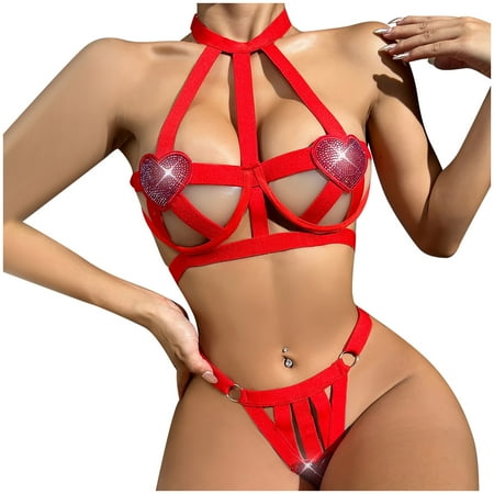 

Womens Sexy Lingerie Set 2 Piece Glitter Heart Underwire Strappy Halter Harness Bra and Thongs Nightwear Outfits