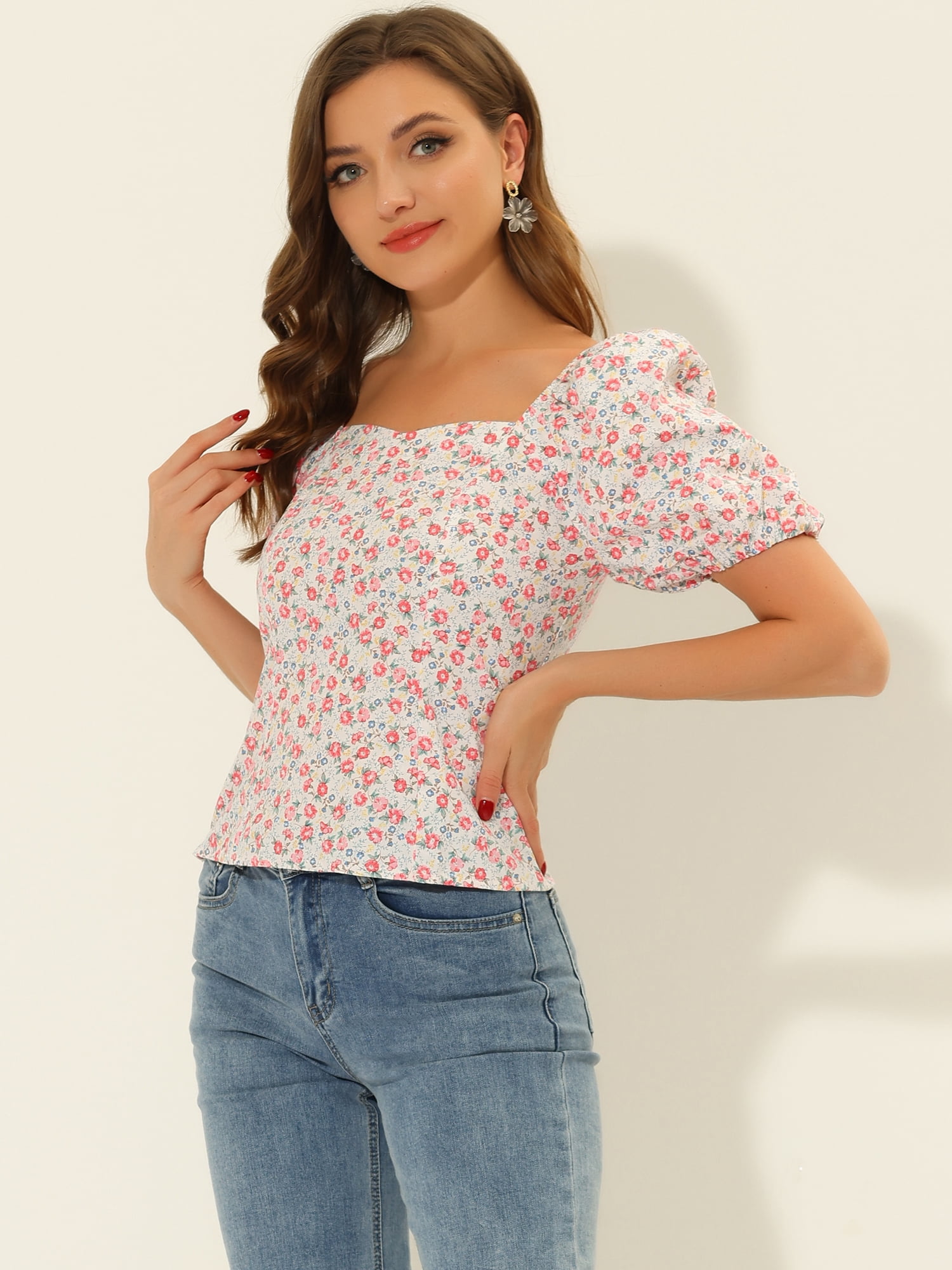 DARING DIVA Puff Sleeve Sweetheart Neck Smocked Floral Top M White Red